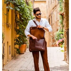 DeCoro leather Messenger Bag Full Grain Laptop Satchel Work Bag Men Office
